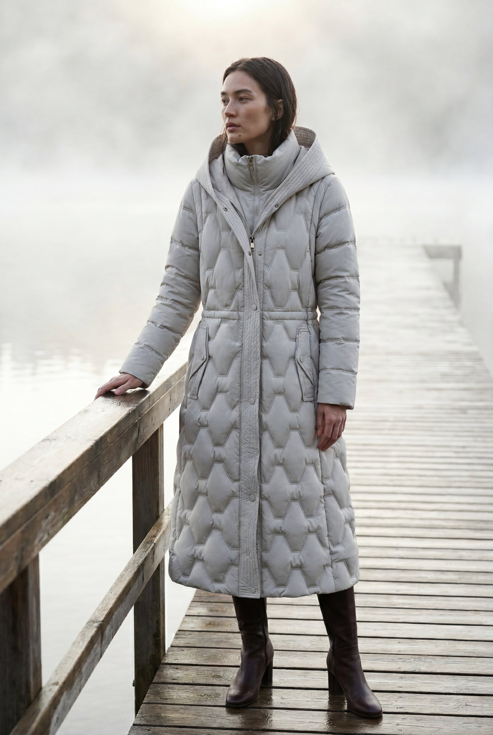 White Geometric Quilted Calf-length Puffer Coat with Hood - Puffer jackets - Photo 8