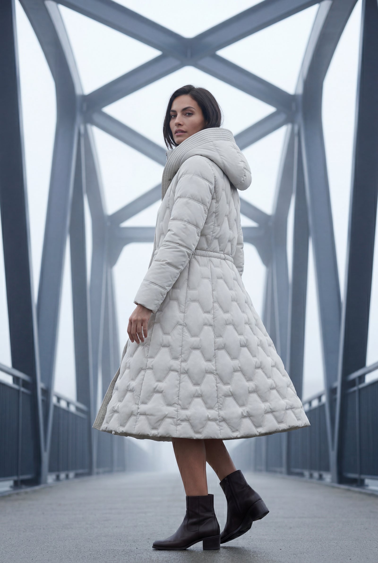 White Geometric Quilted Calf-length Puffer Coat with Hood - Puffer jackets - Photo 9