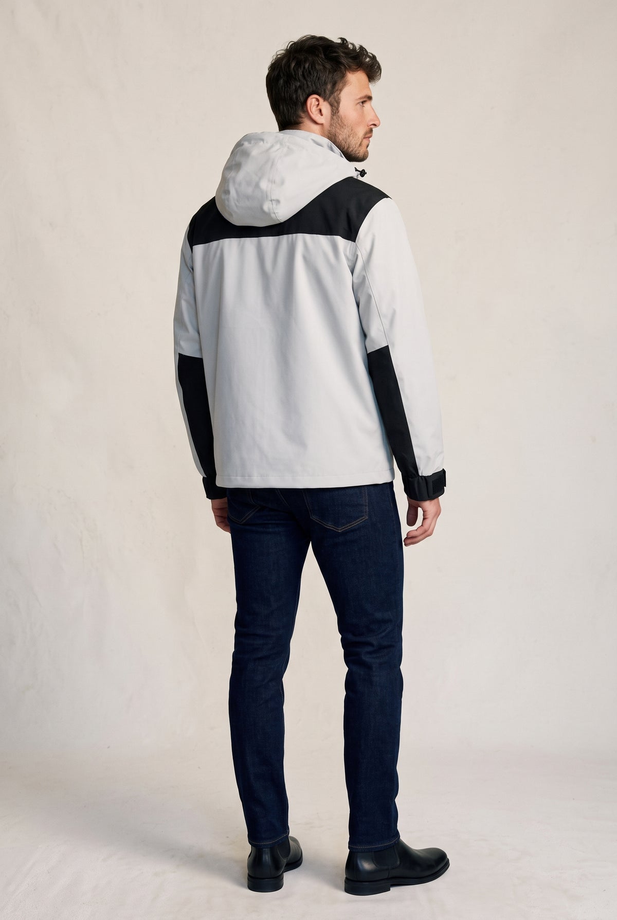 Technical Hooded Ski Jacket in White Gray — studio angle