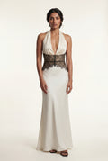 White Halterneck Maxi Dress with Lace Waist and Open Back - Photo 3