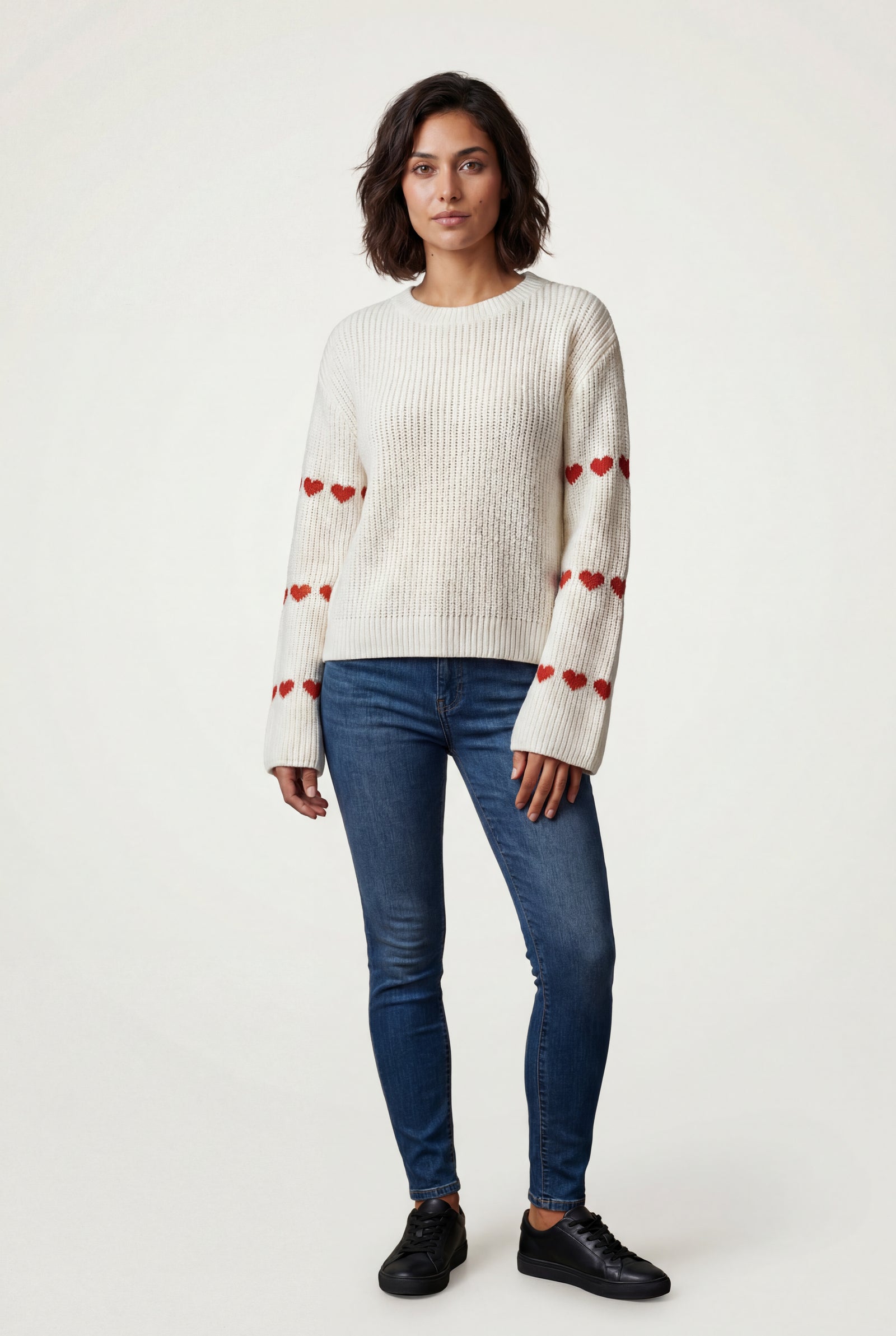 White Heart Motif Ribbed Bell Sleeve Sweater - Photo 1