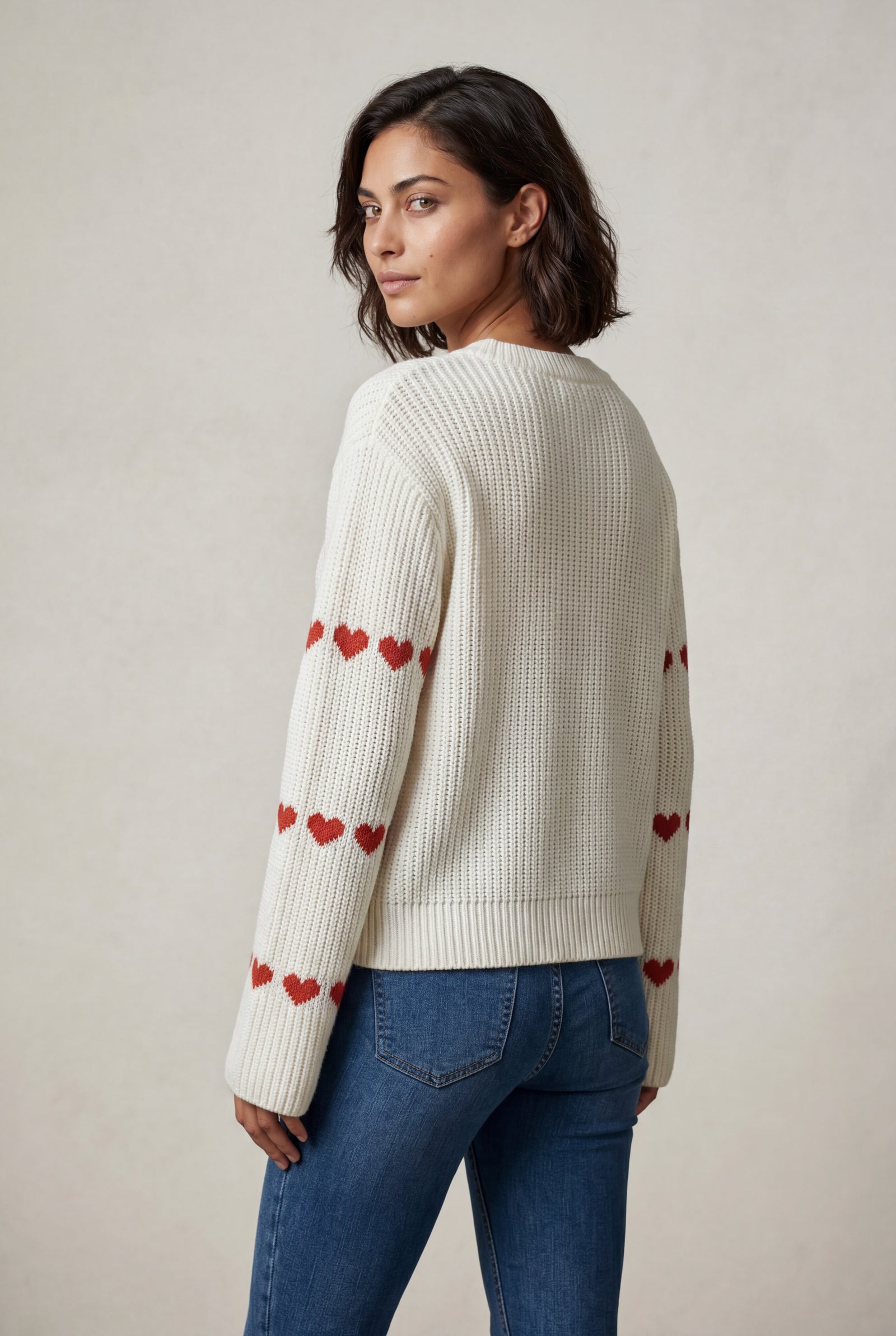 White Heart Motif Ribbed Bell Sleeve Sweater - Photo 3