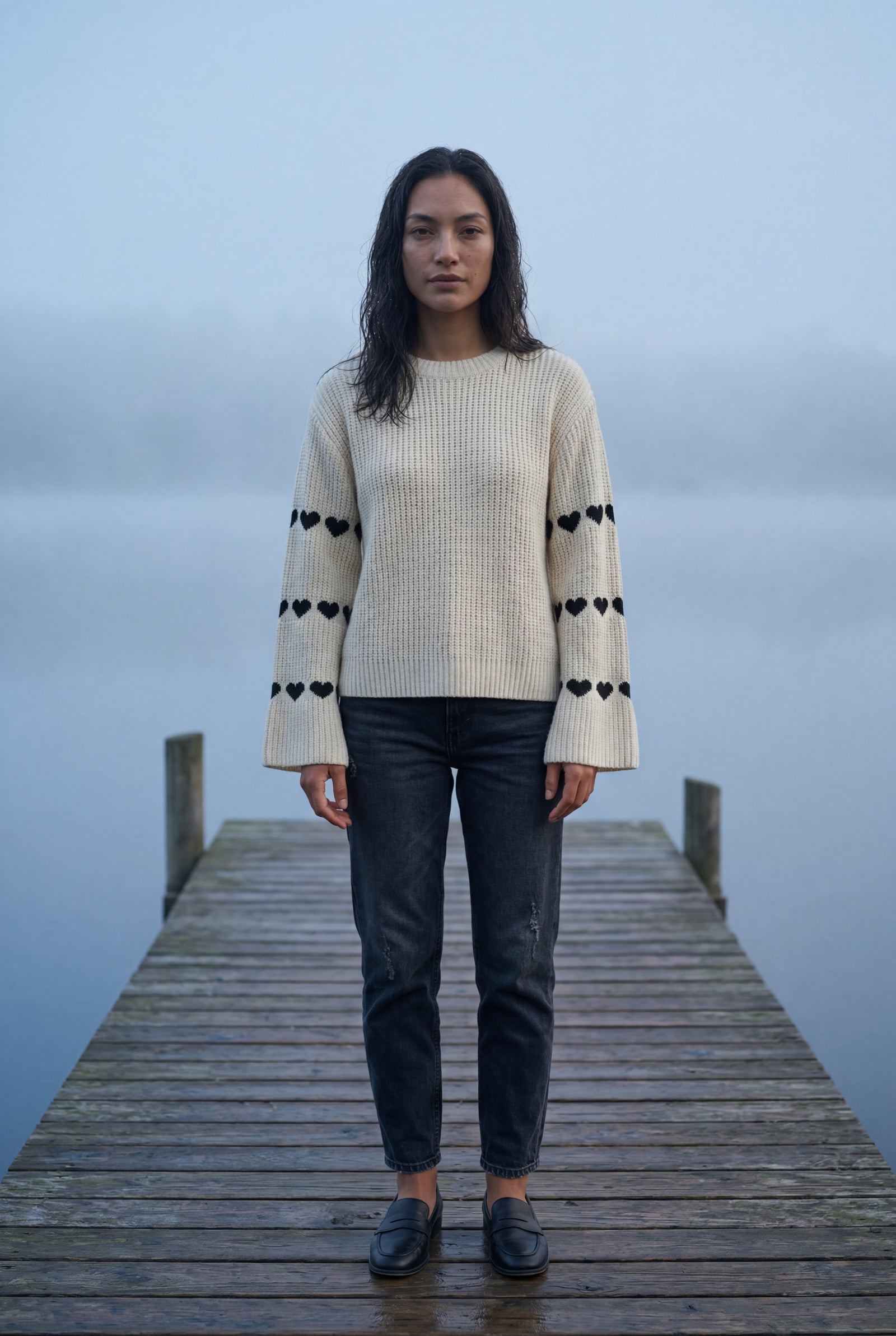 Beige Heart Motif Ribbed Bell Sleeve Sweater - Photo 6