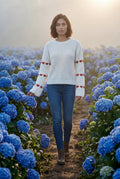 White Heart Motif Ribbed Bell Sleeve Sweater - Photo 7