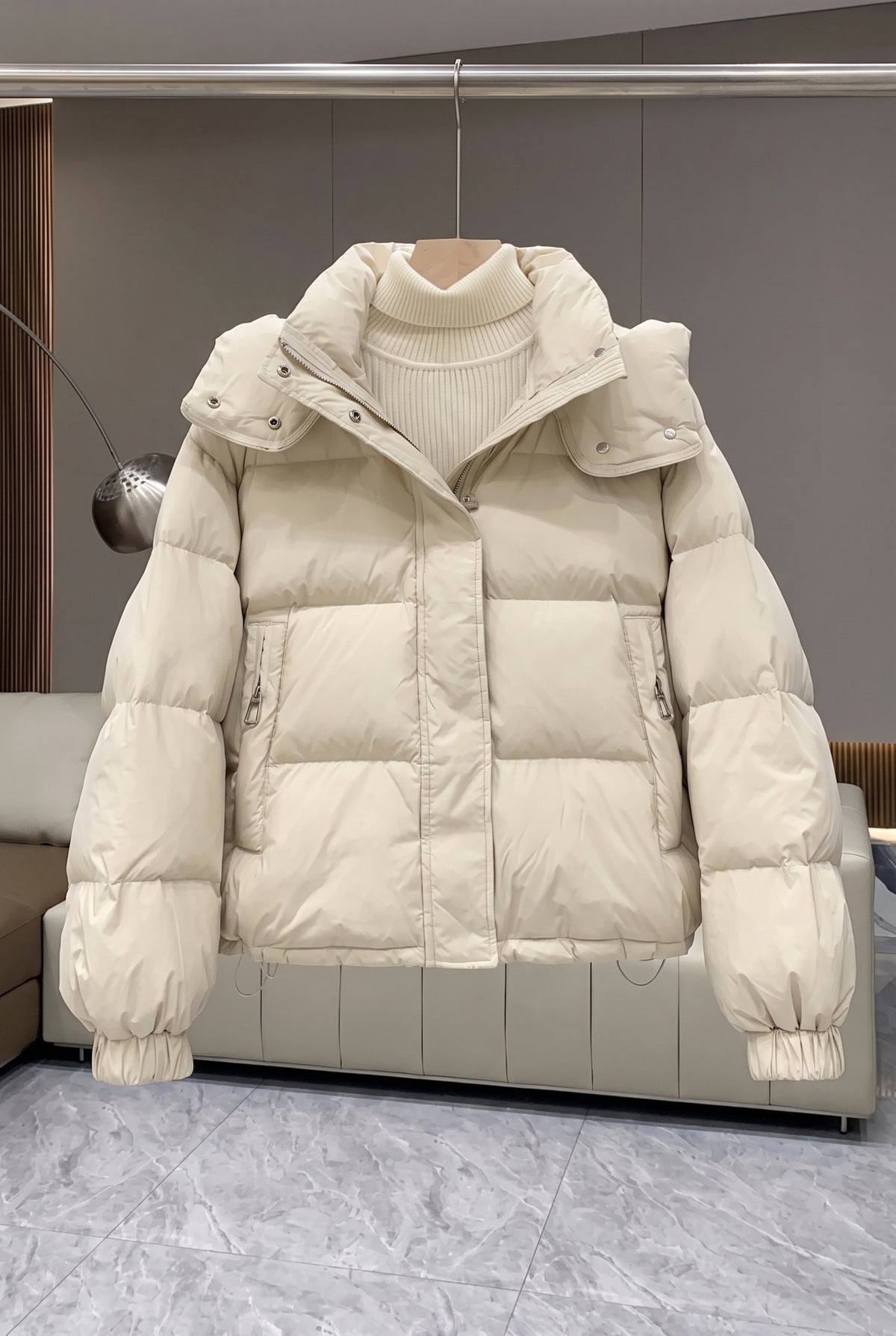 High Neck Hooded Puffer Jacket in White — studio front