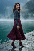 Burgundy High-waisted A-line Pleated Midi Skirt - Photo 14