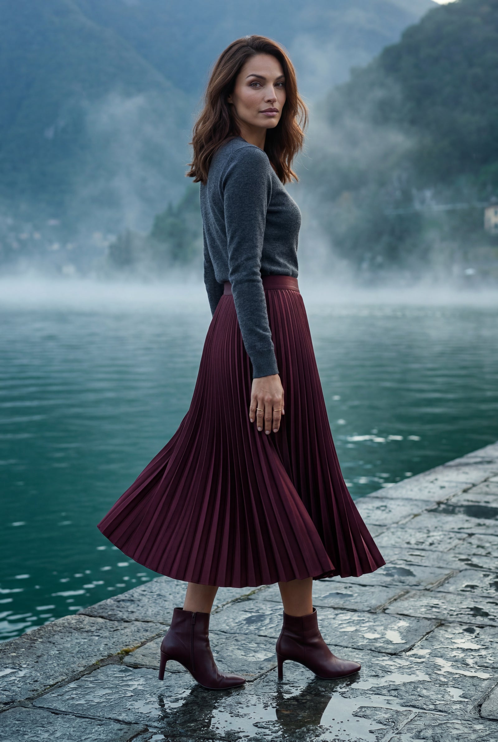 Burgundy High-waisted A-line Pleated Midi Skirt - Photo 14