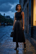 Black High-waisted A-line Pleated Midi Skirt - Photo 15