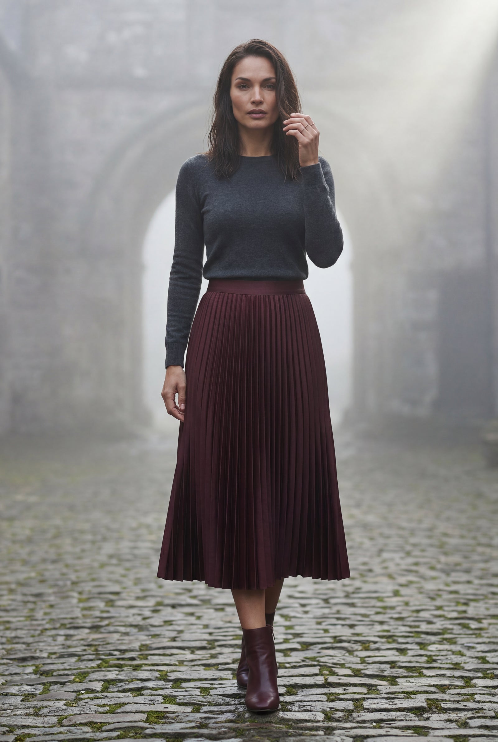 Burgundy High-waisted A-line Pleated Midi Skirt - Photo 19