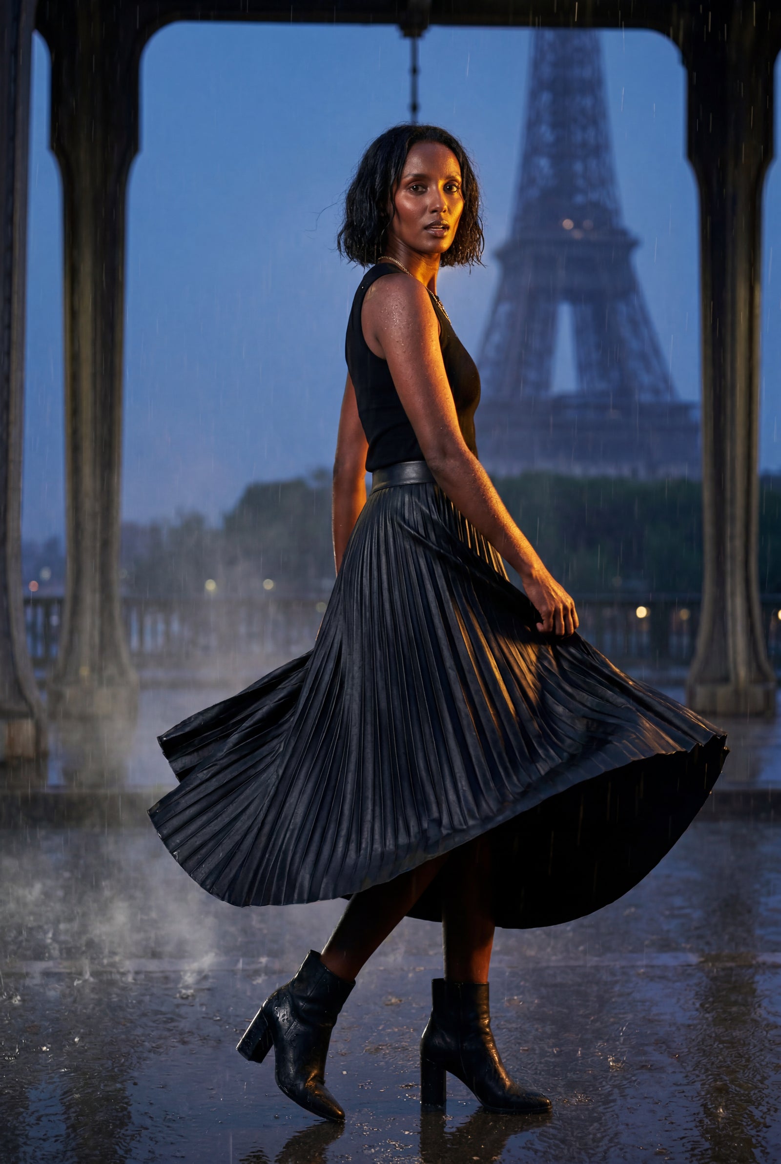 Black High-waisted A-line Pleated Midi Skirt - Photo 20