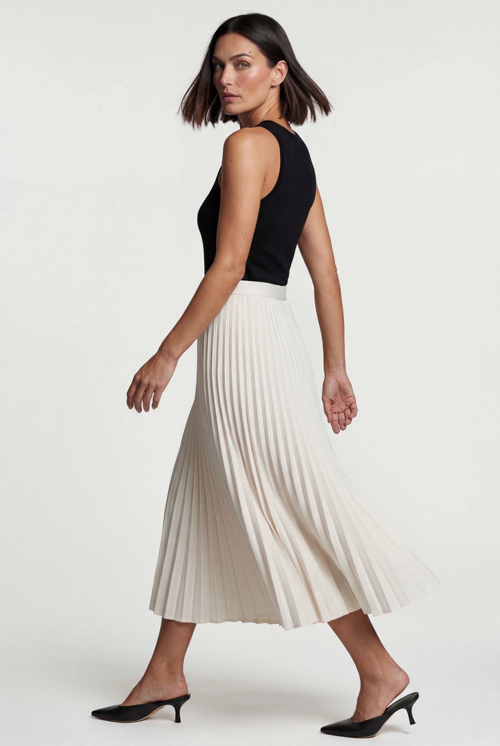 White High-waisted A-line Pleated Midi Skirt - Photo 2