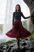 Burgundy High-waisted A-line Pleated Midi Skirt - Photo 22
