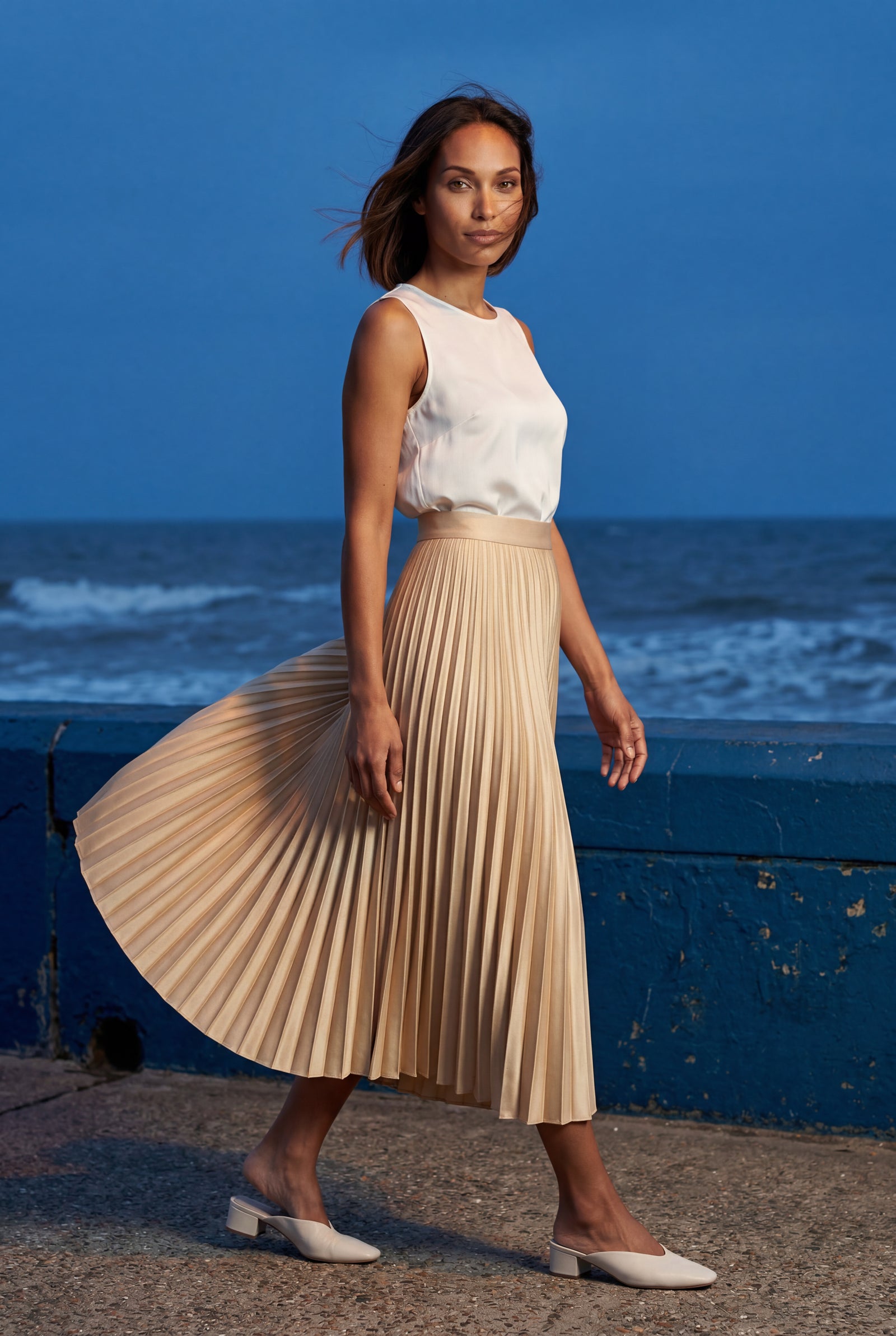 Beige High-waisted A-line Pleated Midi Skirt - Photo 26
