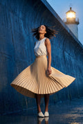 Beige High-waisted A-line Pleated Midi Skirt - Photo 28