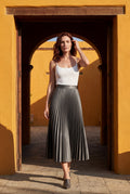 Gray High-waisted A-line Pleated Midi Skirt - Photo 8