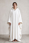 Hooded Cape with Wide Openings in White — studio front
