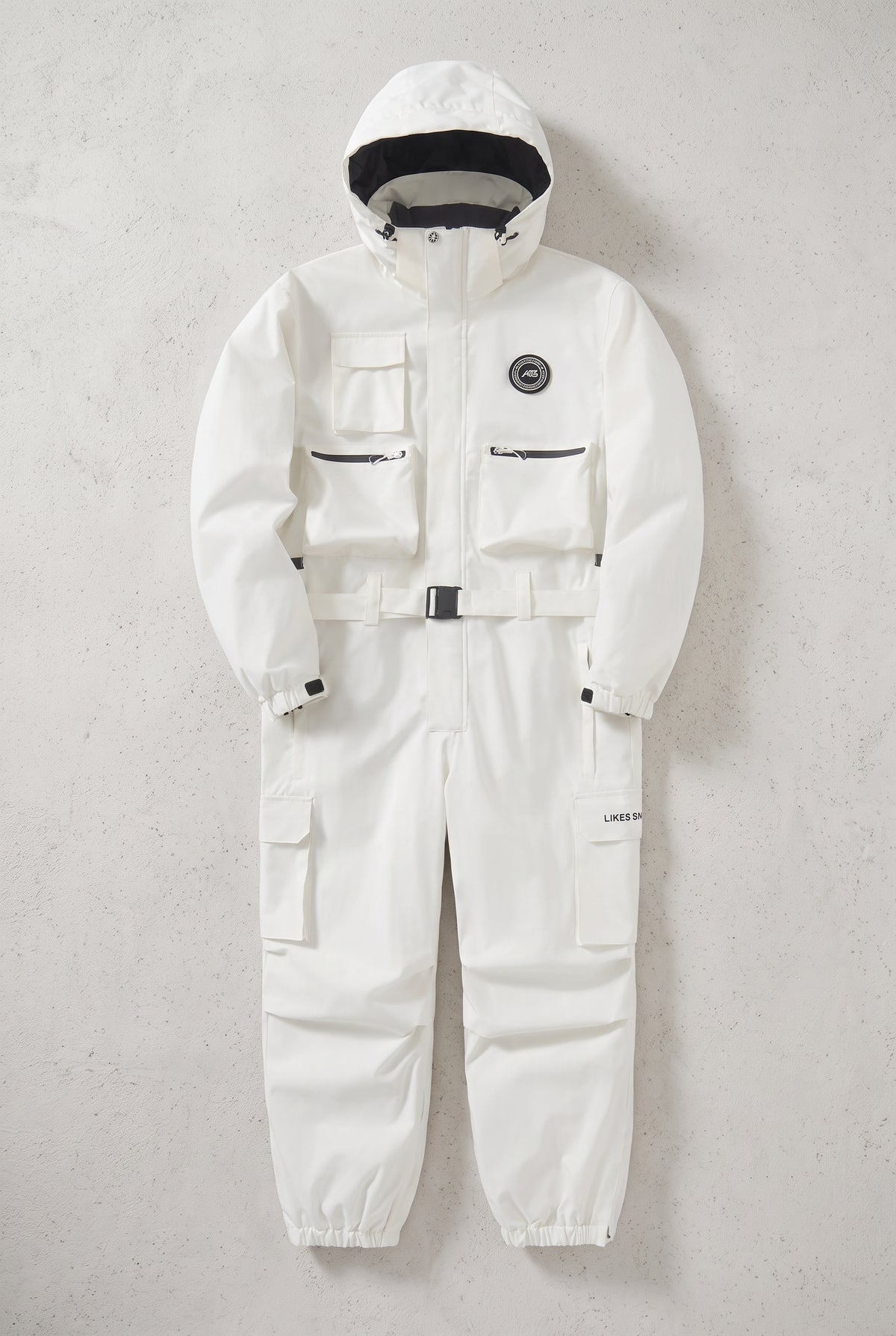 Insulated One-Piece Ski Suit in White — studio front