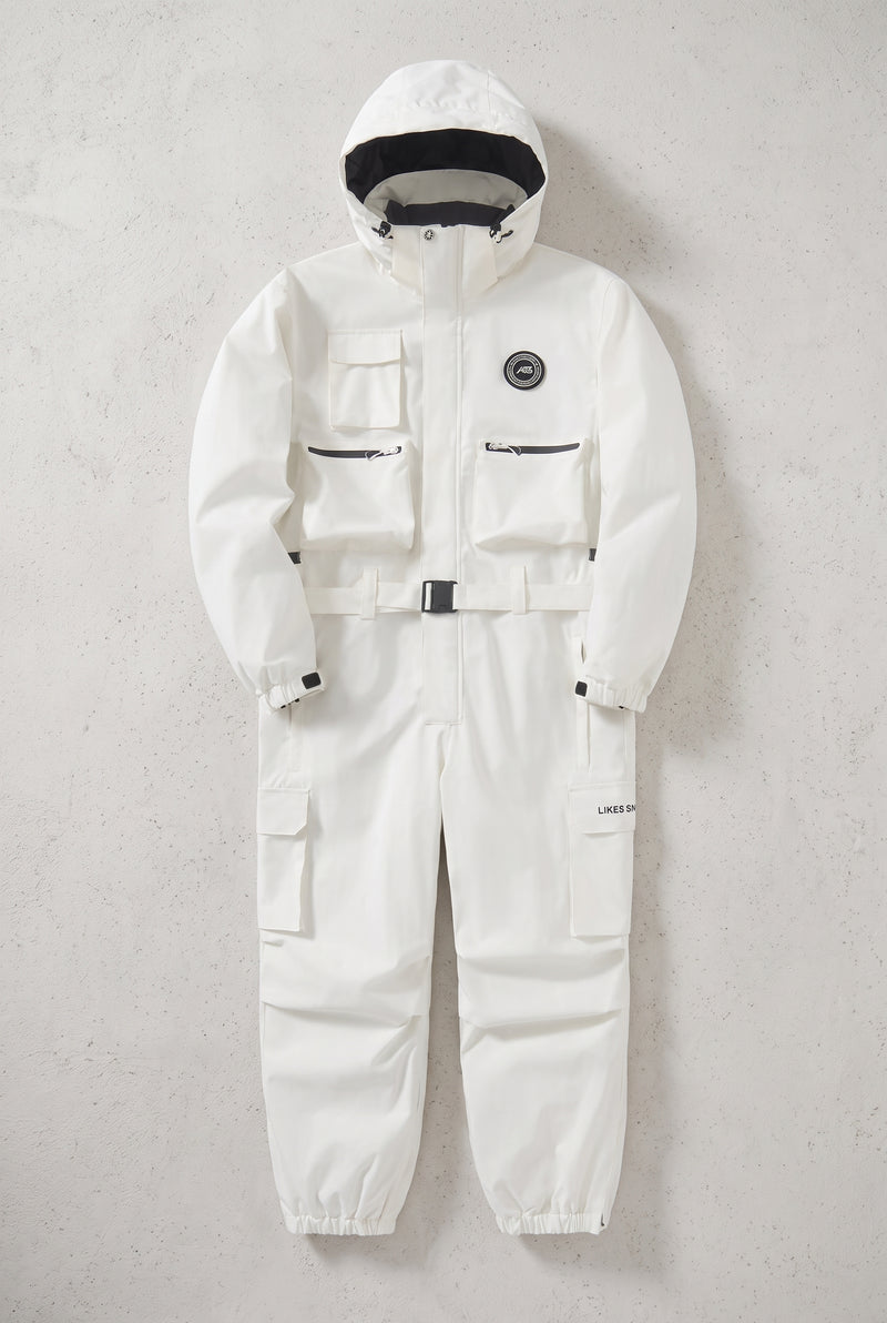 Insulated One-Piece Ski Suit in White — studio front