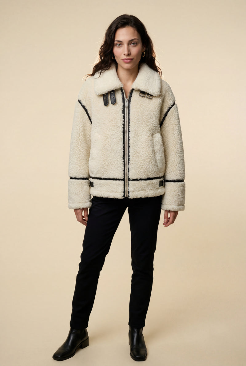 White Ivory Black Contrast Faux Aviator Jacket - Faux fur jacket - Photo 1