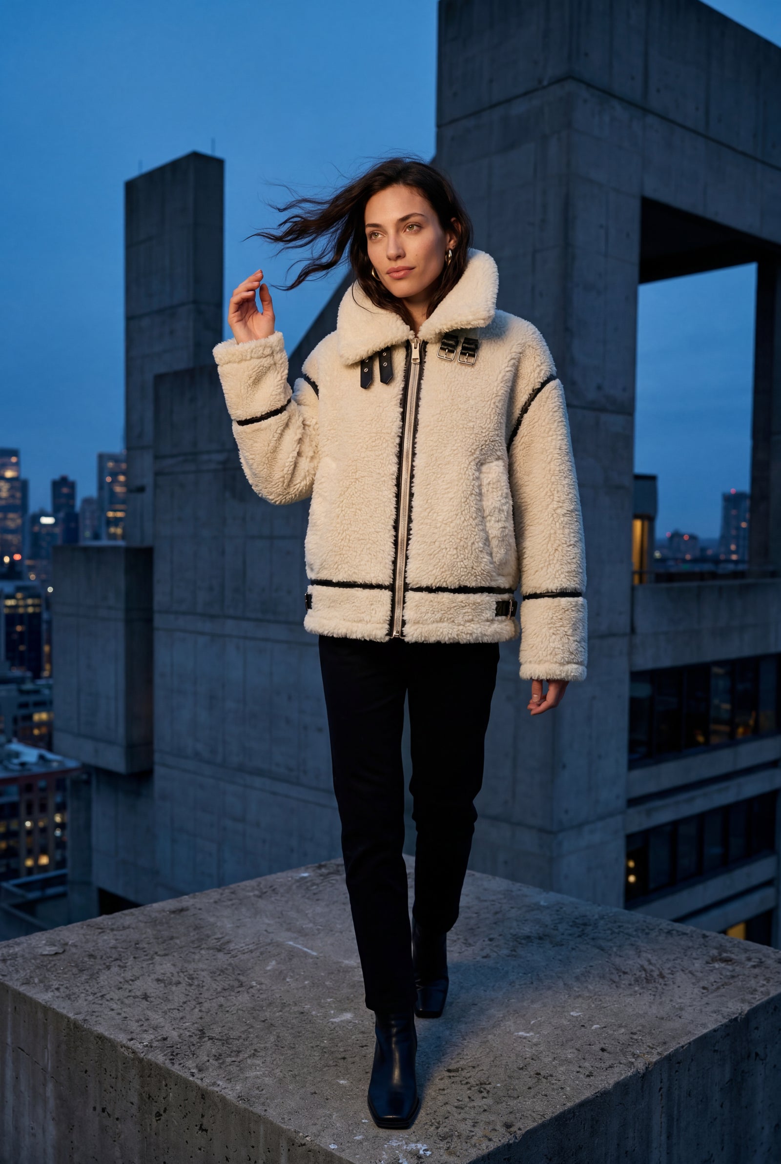 White Ivory Black Contrast Faux Aviator Jacket - Faux fur jacket - Photo 4