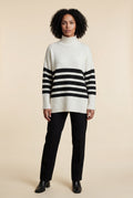White Ivory Black Striped Turtleneck Oversized Knitted Sweater - Photo 1