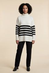 White Ivory Black Striped Turtleneck Oversized Knitted Sweater - Photo 1