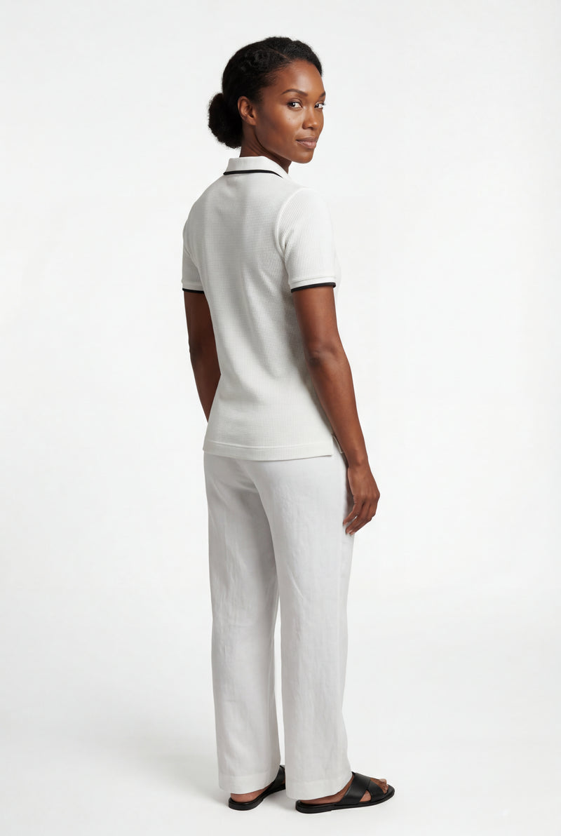 White Ivory Contrast Trim Textured Half Zip Polo Shirt - Half zip polo shirts - Photo 2