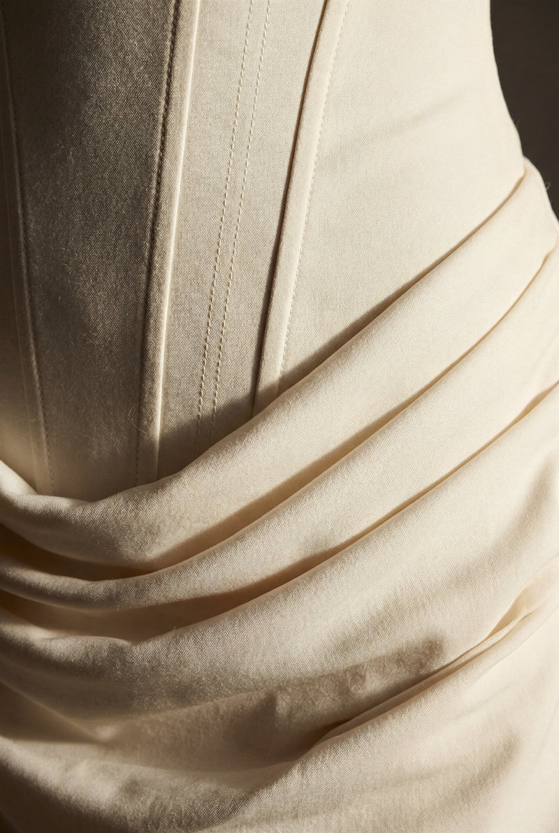 White Ivory Corset Bodycon Mini Dress with Draped Skirt - Bodycon dress - Photo 3