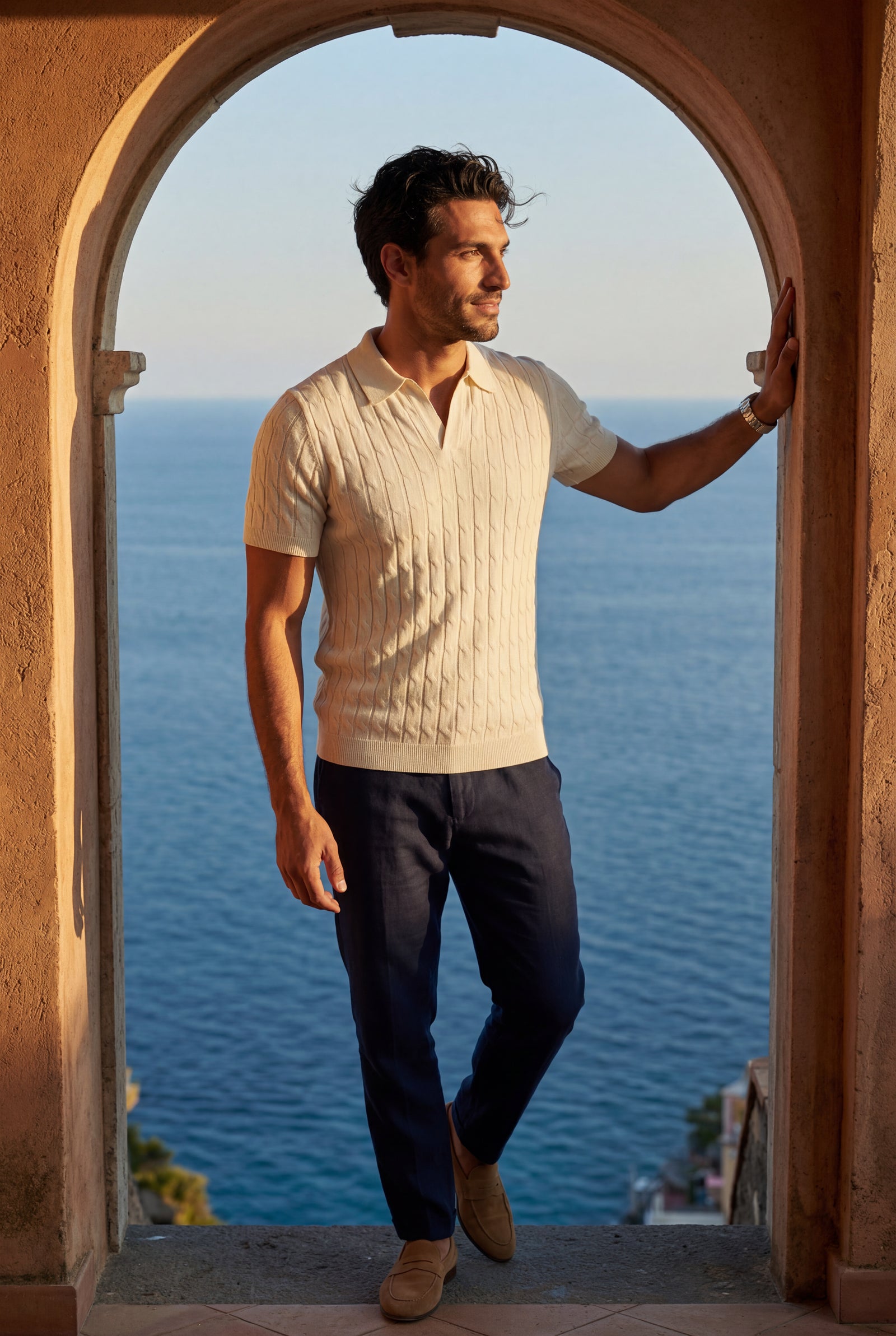 White Ivory Cream Cable Short Sleeve Polo Shirt - Photo 4