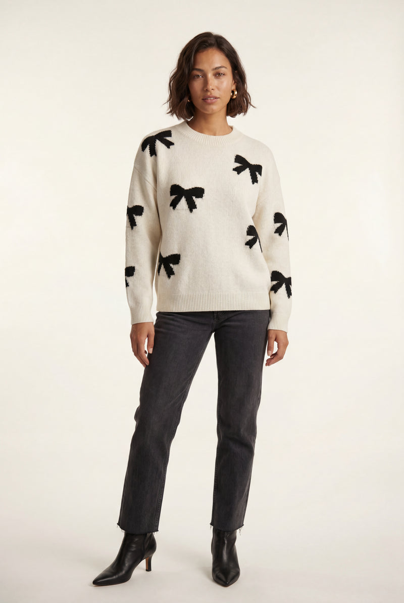 White Ivory Crewneck Sweater with Black Bow Motif - Knitted sweater - Photo 1