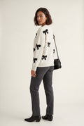 White Ivory Crewneck Sweater with Black Bow Motif - Knitted sweater - Photo 2