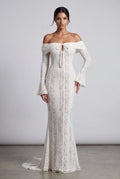 White Ivory Off-shoulder Lace Maxi Gown with Bell Sleeves - Maxi dress - Photo 1