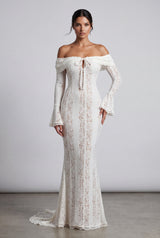 White Ivory Off-shoulder Lace Maxi Gown with Bell Sleeves - Maxi dress - Photo 1