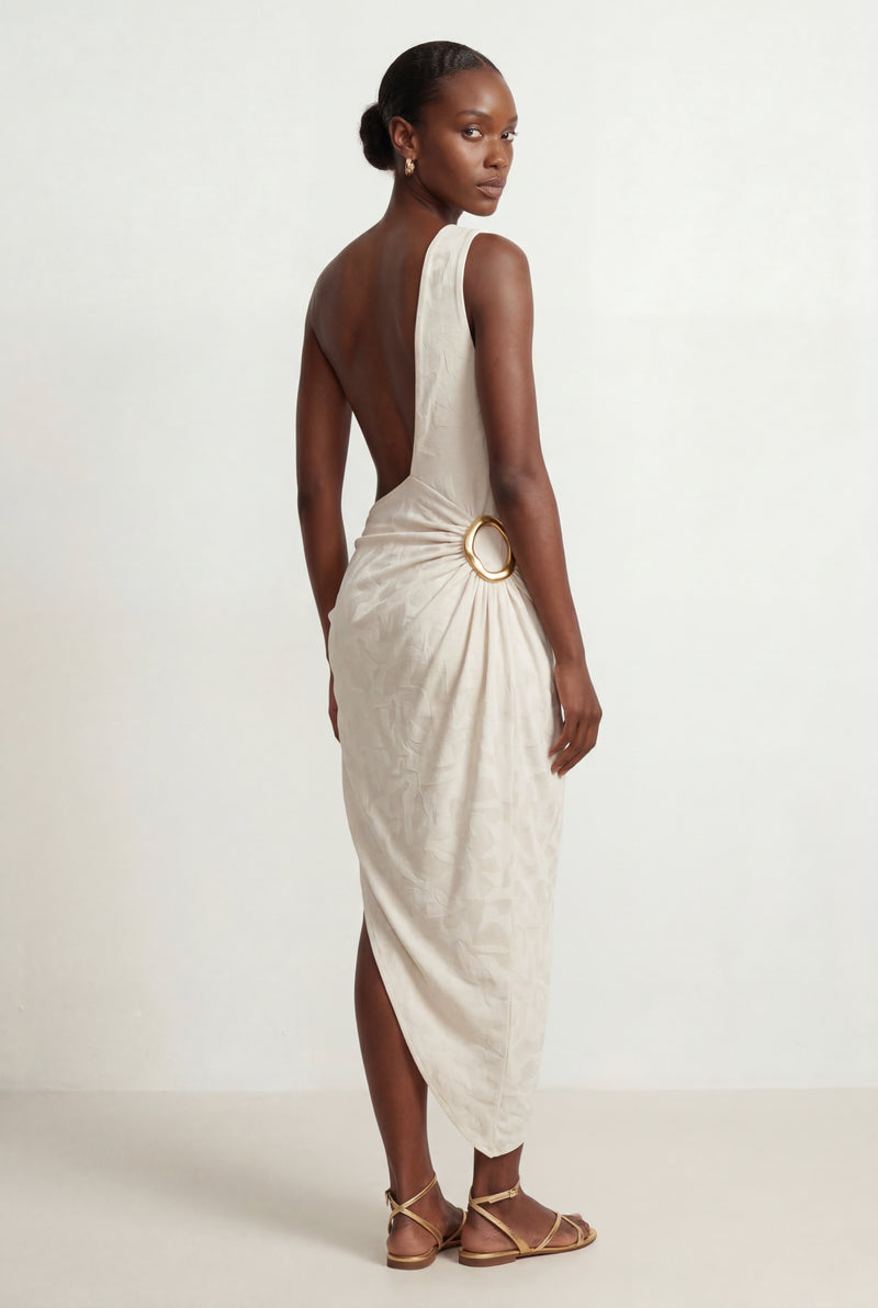 White Ivory One-shoulder Cut-out Draped Maxi Dress with Gold Rings - Summer dress - Photo 2