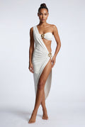 White Ivory One-shoulder Cut-out Draped Maxi Dress with Gold Rings - Summer dress - Photo 5