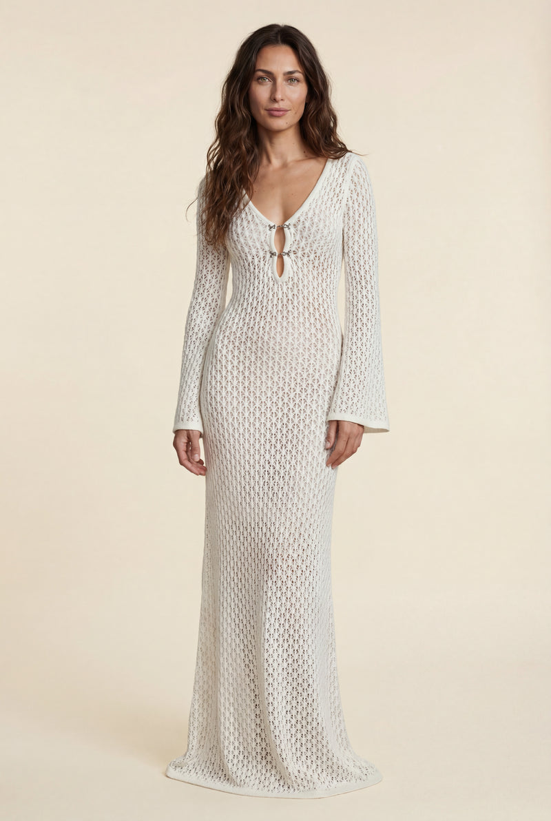 White Ivory Open Crochet Maxi Dress with Hook-and-eye Detail - Photo 1