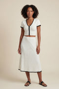 White Ivory Ribbed Button-up Crop Top and Pleated Midi Skirt Set - Knit set - Photo 1