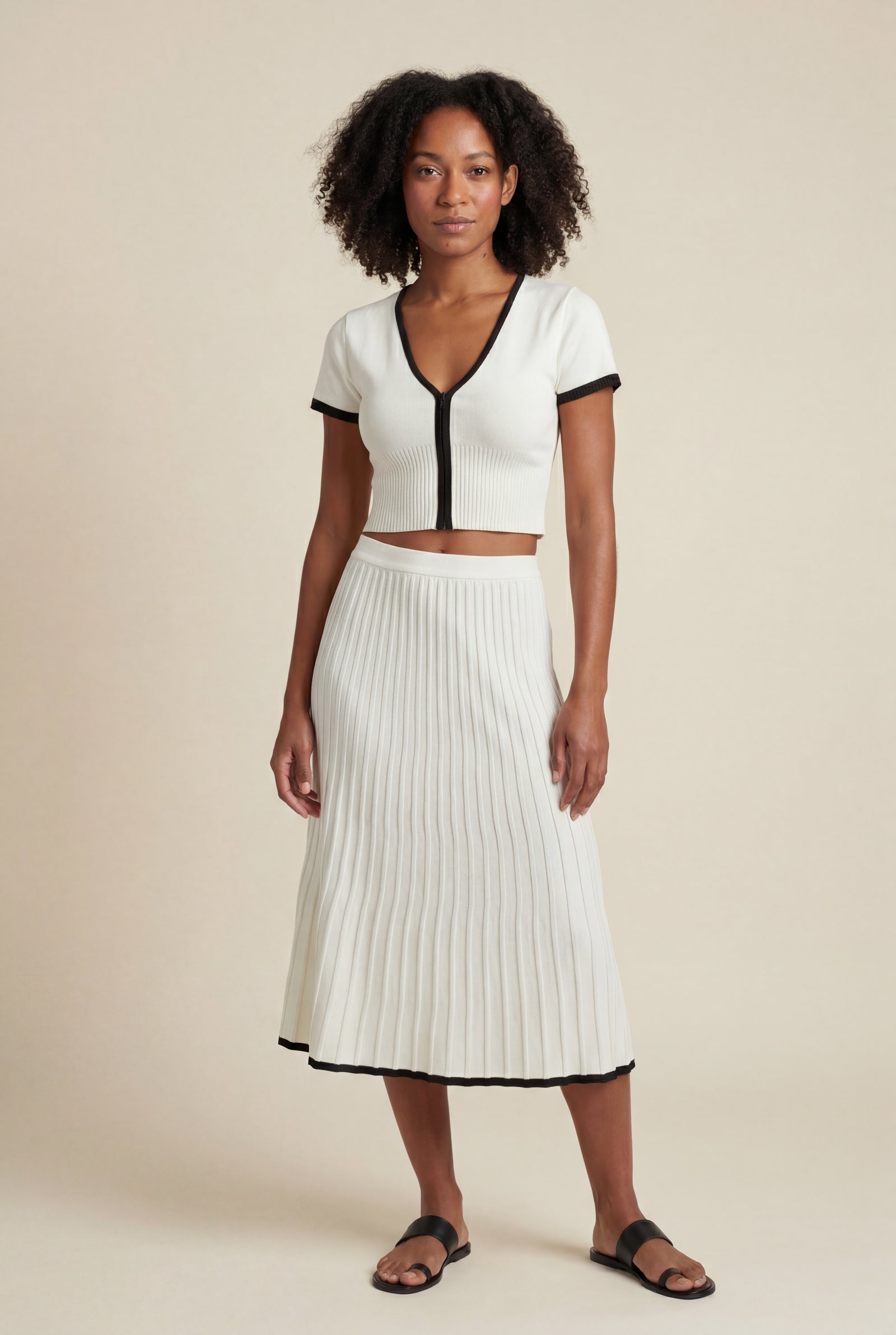 White Ivory Ribbed Button-up Crop Top and Pleated Midi Skirt Set - Knit set - Photo 1