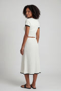 White Ivory Ribbed Button-up Crop Top and Pleated Midi Skirt Set - Knit set - Photo 2