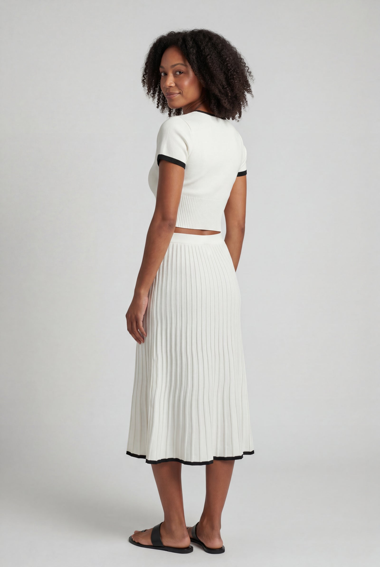 White Ivory Ribbed Button-up Crop Top and Pleated Midi Skirt Set - Knit set - Photo 2