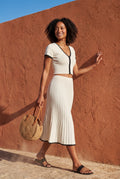 White Ivory Ribbed Button-up Crop Top and Pleated Midi Skirt Set - Knit set - Photo 4
