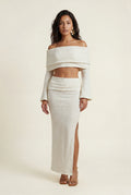 White Ivory Textured Bardot Crop Top and Maxi Skirt Set - Maxi sets - Photo 1