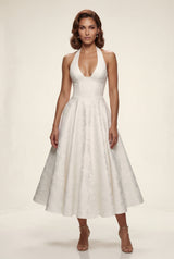 White Jacquard Halter Corset Bodice A-line Midi Dress - A-line dress - Photo 17