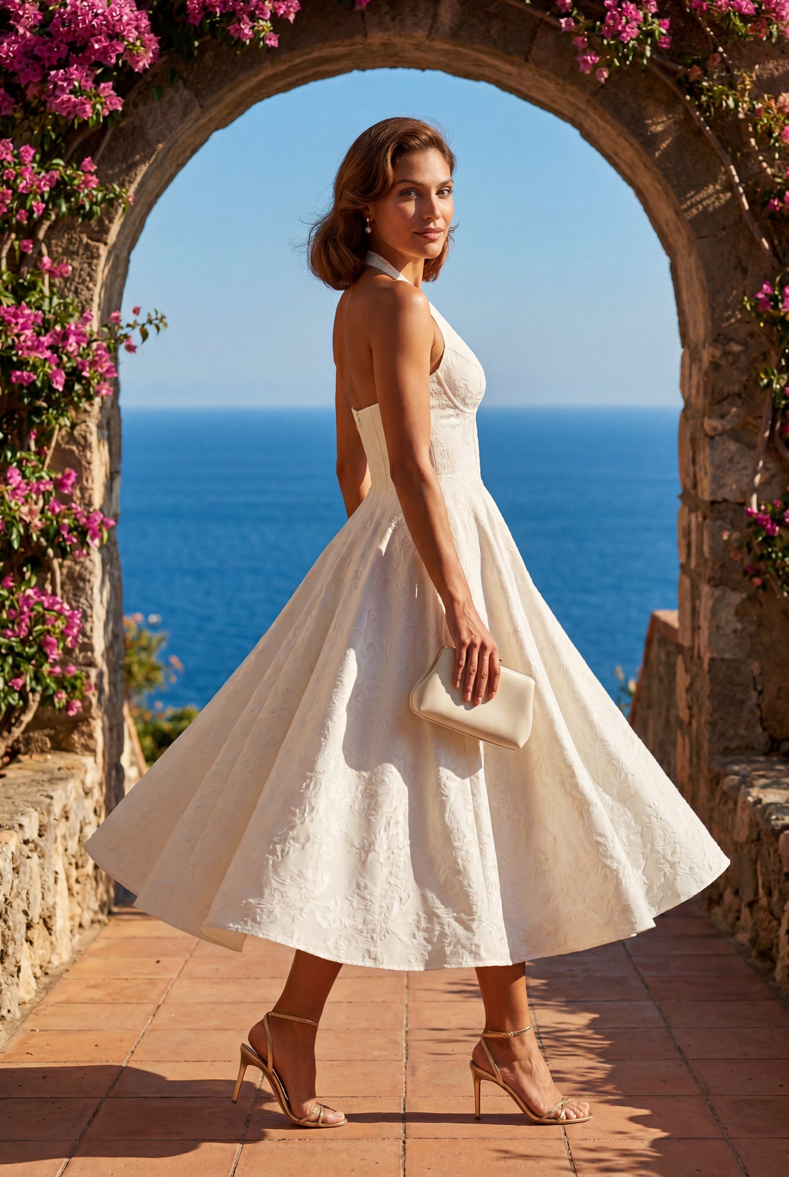 White Jacquard Halter Corset Bodice A-line Midi Dress - A-line dress - Photo 20