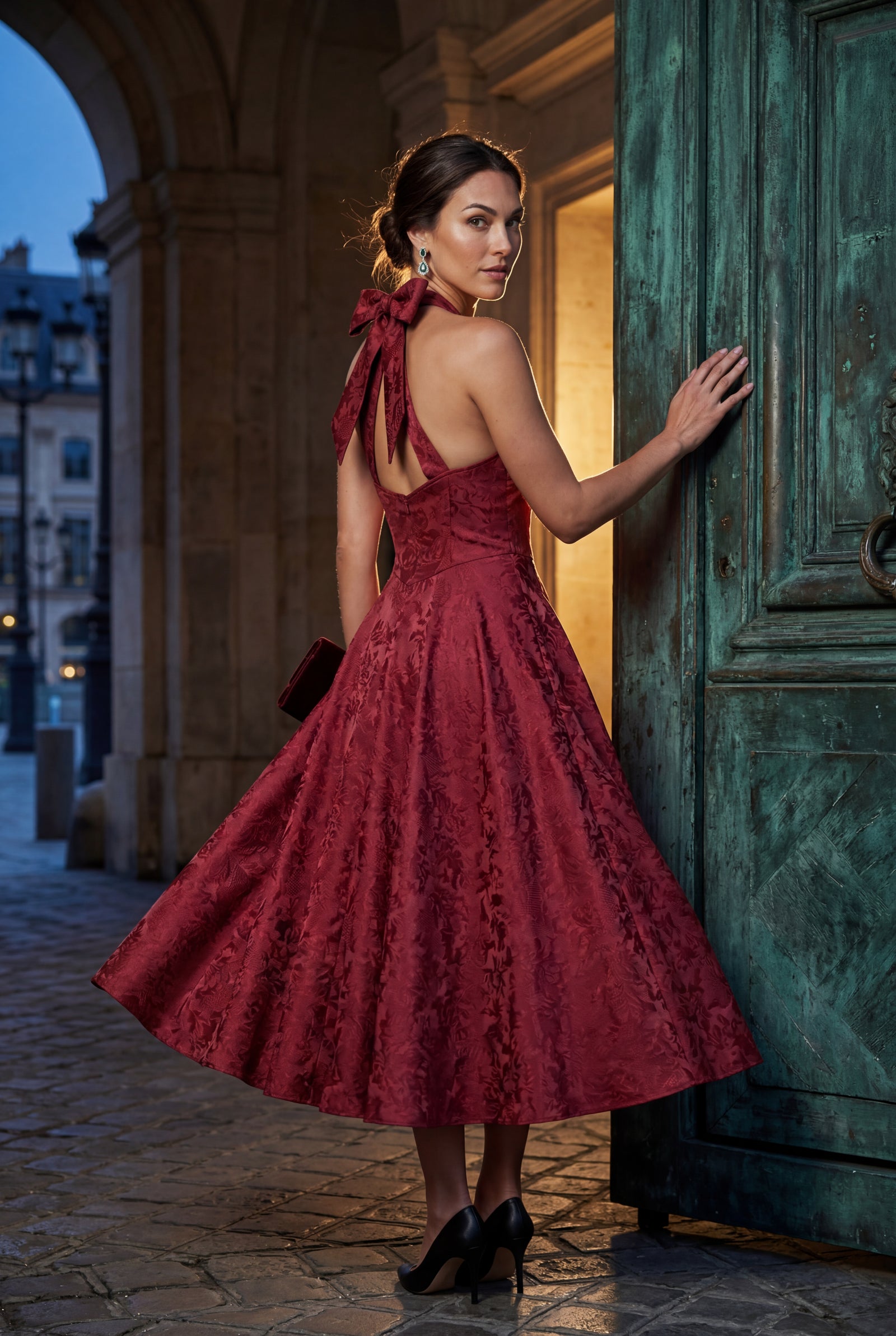 Red Jacquard Halter Corset Bodice A-line Midi Dress - A-line dress - Photo 4