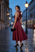 Red Jacquard Halter Corset Bodice A-line Midi Dress - A-line dress - Photo 7