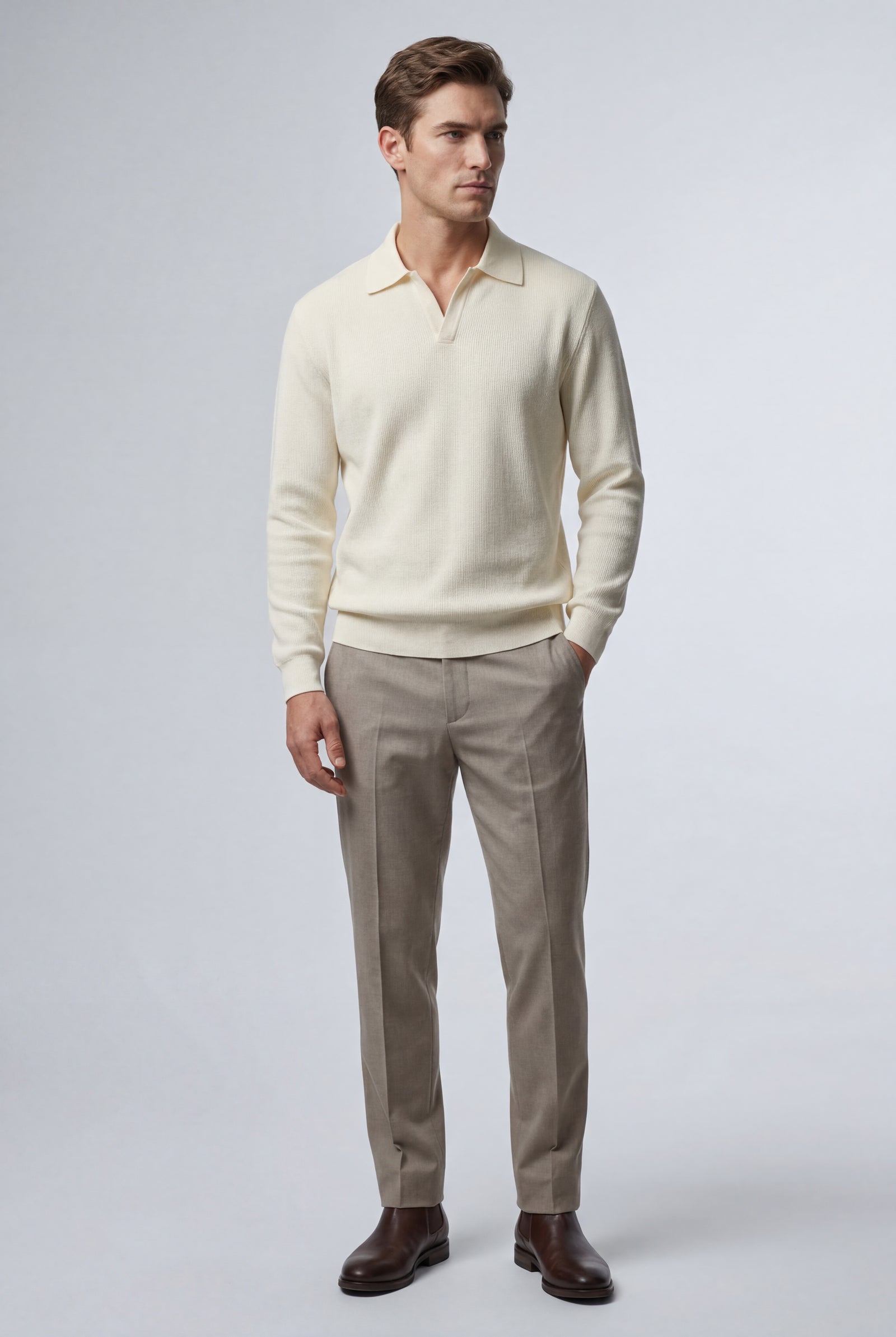 White Long Sleeve Buttonless Polo Shirt with Modern Tailored Fit - Long sleeve polo shirts - Photo 3