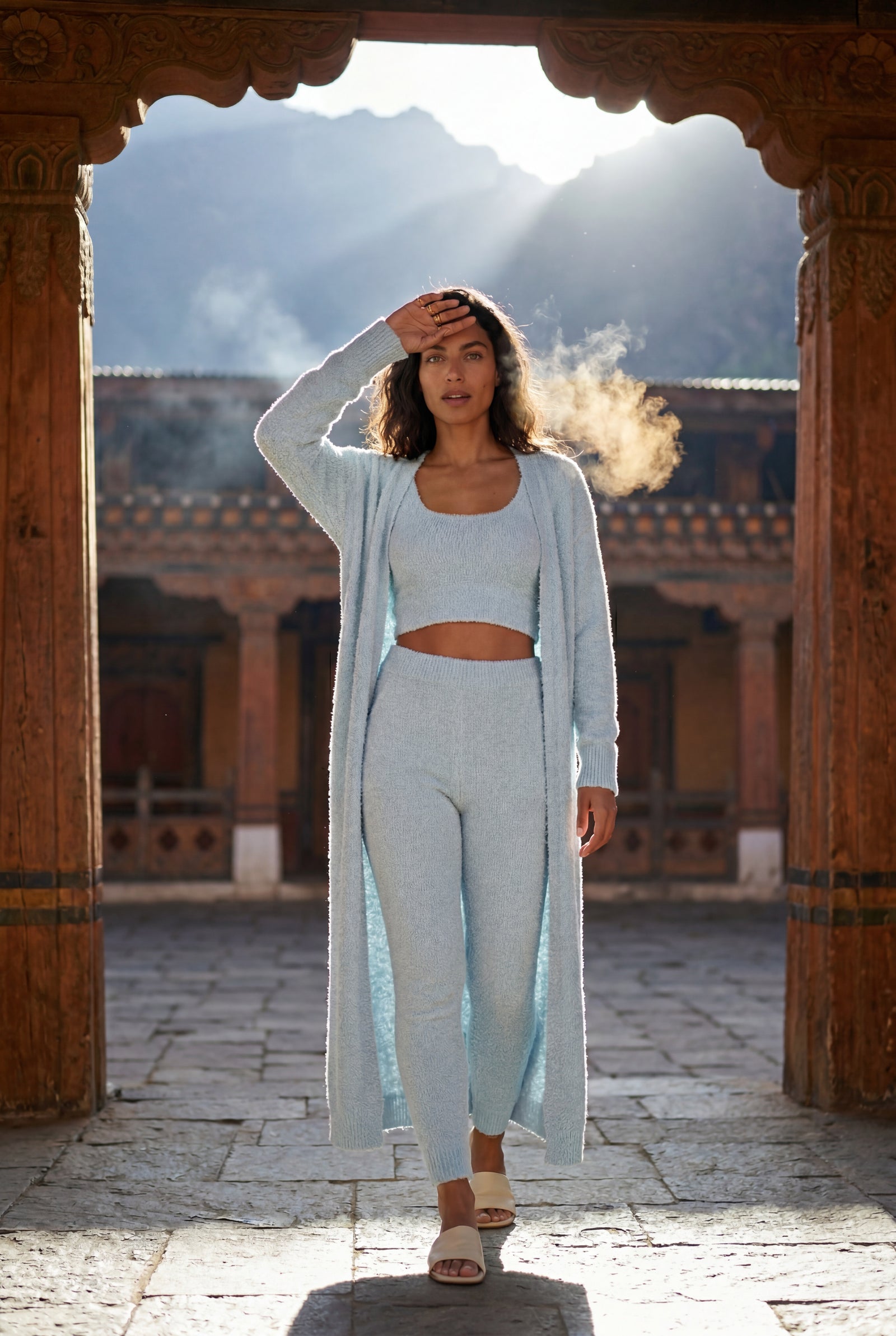 Blue Longline Cardigan 3-piece Ribbed Loungewear Set - Photo 13