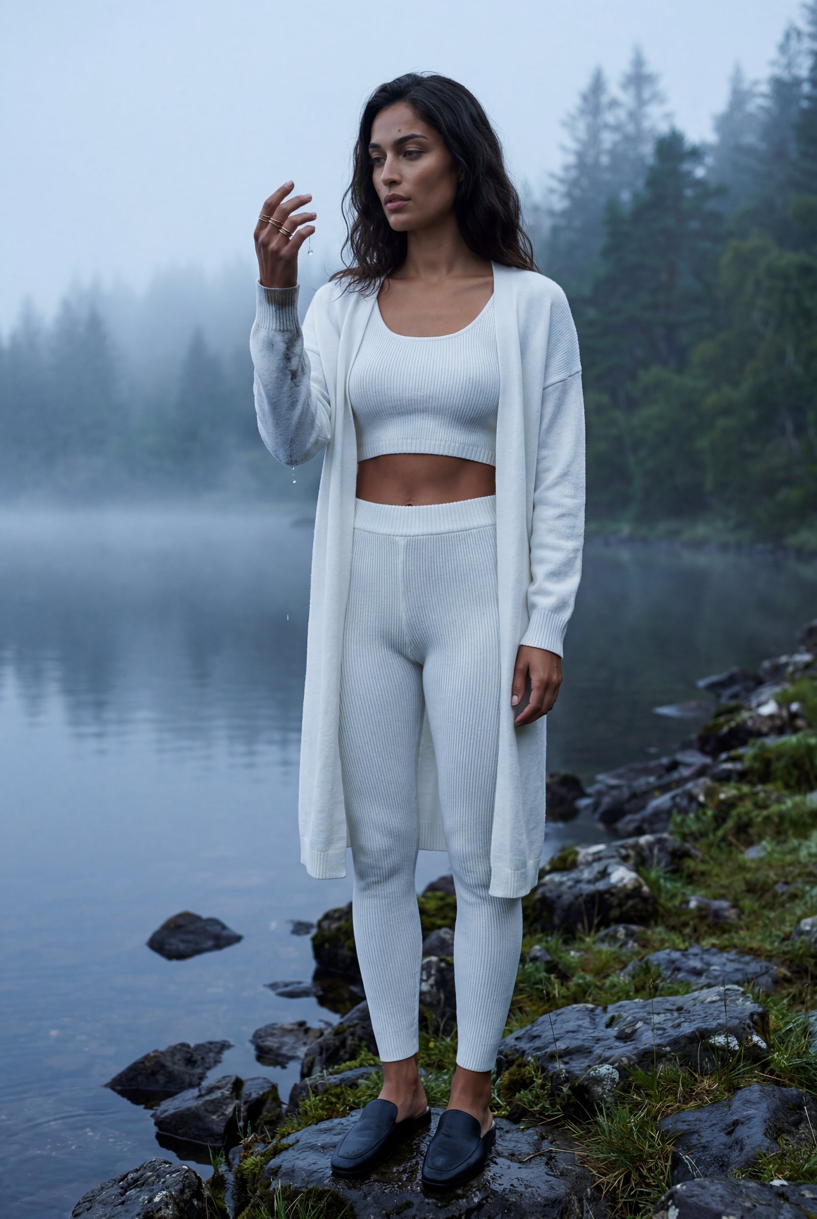 White Longline Cardigan 3-piece Ribbed Loungewear Set - Photo 7