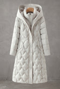 Longline Hooded Puffer Coat in White — studio front